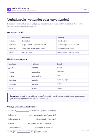 Vorschau: Arbeitsblatt Verbalaspekt: vollendet oder unvollendet?